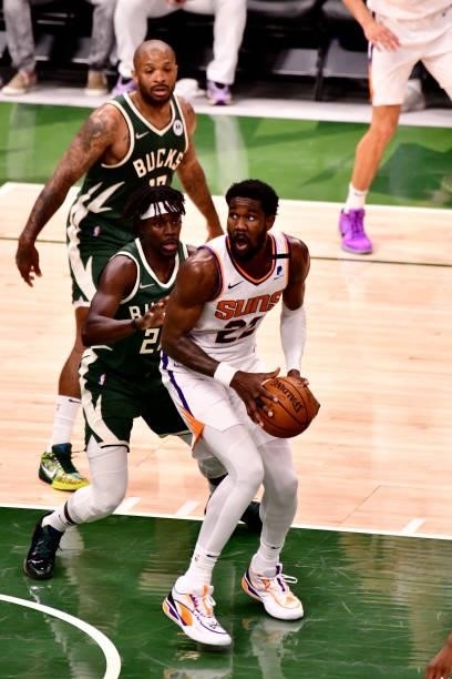 July 11: Deandre Ayton of the Phoenix Suns drives to the basket against the Milwaukee Bucks during Game Three of the 2021 NBA Finals on July 11, 2021...