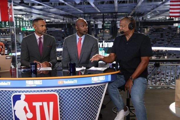Milwaukee Bucks Analyst Marques Johnson speaks to NBATV prior to Game Three of the 2021 NBA Finals between the Milwaukee Bucks and the against the...