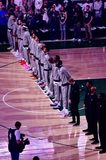 July 11: The Phoenix Suns stand for the National Anthem prior to the game against the Milwaukee Bucks during Game Three of the 2021 NBA Finals on...