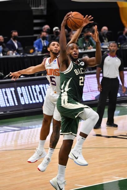 Khris Middleton of the Milwaukee Bucks shoots the ball against the Phoenix Suns during Game Three of the 2021 NBA Finals on July 11, 2021 at Fiserv...