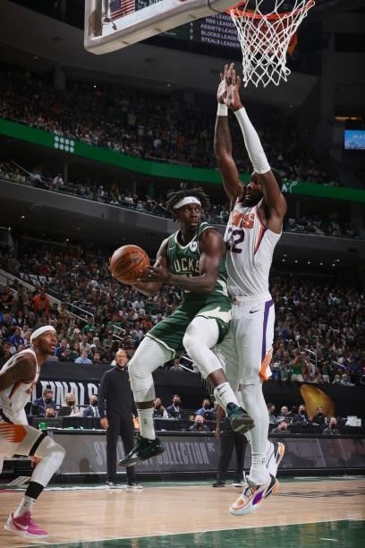 Jrue Holiday of the Milwaukee Bucks drives to the basket during Game Three of the 2021 NBA Finals on July 11, 2021 at the Fiserv Forum Center in...
