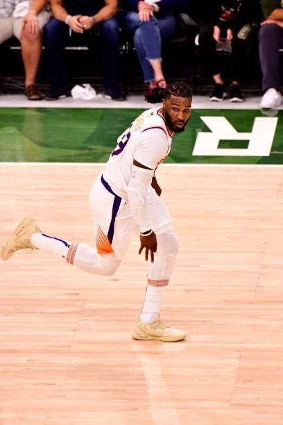 July 11: Jae Crowder of the Phoenix Suns celebrates during Game Three of the 2021 NBA Finals on July 11, 2021 at the Fiserv Forum Center in...