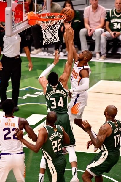 July 11: Chris Paul of the Phoenix Suns shoots the ball against the Milwaukee Bucks during Game Three of the 2021 NBA Finals on July 11, 2021 at the...