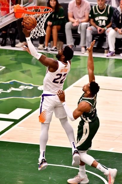 July 11: Deandre Ayton of the Phoenix Suns shoots the ball against the Milwaukee Bucks during Game Three of the 2021 NBA Finals on July 11, 2021 at...
