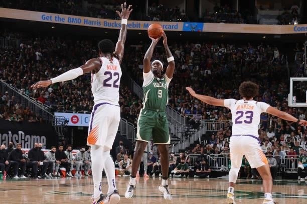 Bobby Portis of the Milwaukee Bucks shoots the ball against the Phoenix Suns during Game Three of the 2021 NBA Finals on July 11, 2021 at the Fiserv...