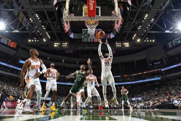 Jae Crowder of the Phoenix Suns rebounds the ball during the game against the Milwaukee Bucks during Game Three of the 2021 NBA Finals on July 11,...
