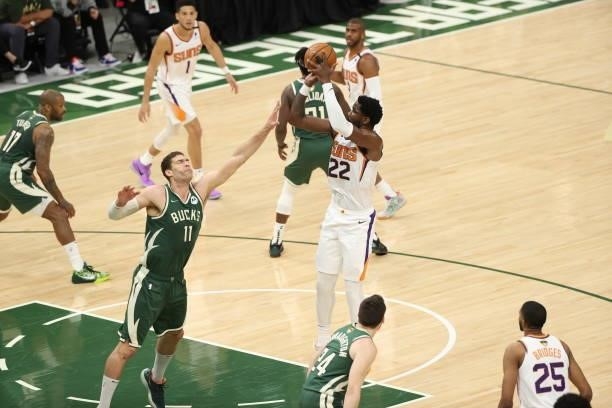 Deandre Ayton of the Phoenix Suns shoots the ball during the game against the Milwaukee Bucks during Game Three of the 2021 NBA Finals on July 11,...