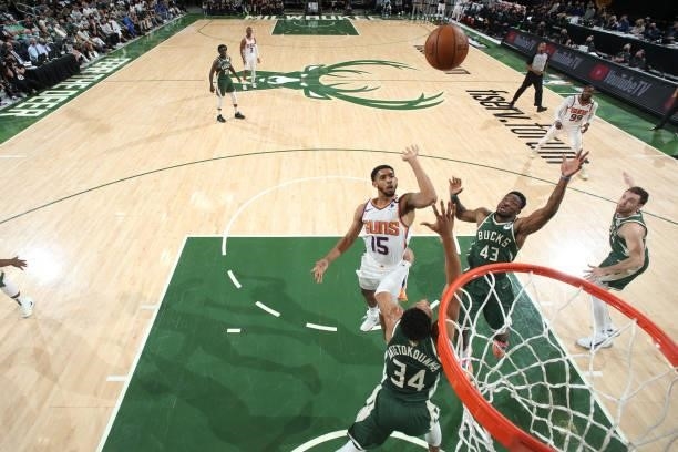 Cameron Payne of the Phoenix Suns shoots the ball against the Milwaukee Bucks during Game Three of the 2021 NBA Finals on July 11, 2021 at the Fiserv...