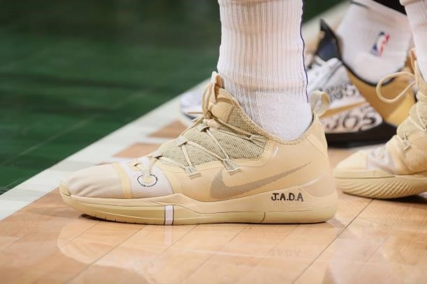The sneakers of Jae Crowder of the Phoenix Suns during Game Three of the 2021 NBA Finals on July 11, 2021 at the Fiserv Forum Center in Milwaukee,...