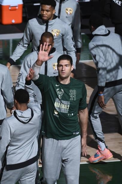 July 11: Brook Lopez of the Milwaukee Bucks walks on the court before Game Three of the 2021 NBA Finals on July 11, 2021 at the Fiserv Forum Center...