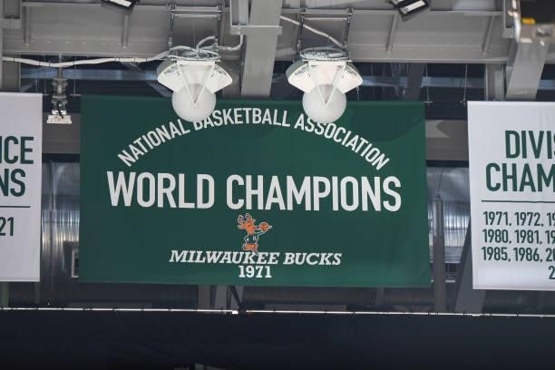 Signage of the Milwaukee Bucks 1971 NBA Championship during the game between the Phoenix Suns and Milwaukee Bucks during Game Three of the 2021 NBA...