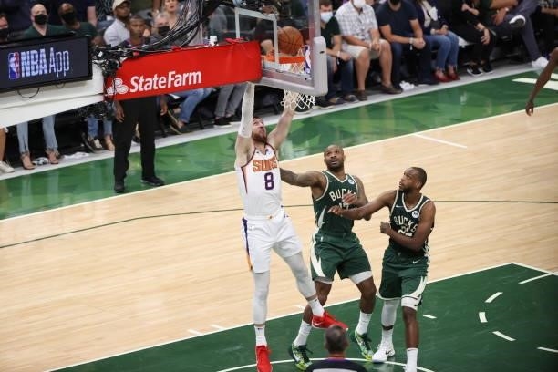 Frank Kaminsky of the Phoenix Suns shoots the ball during the game against the Milwaukee Bucks during Game Three of the 2021 NBA Finals on July 11,...