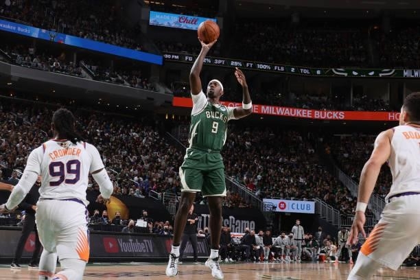Bobby Portis of the Milwaukee Bucks shoots the ball against the Phoenix Suns during Game Three of the 2021 NBA Finals on July 11, 2021 at the Fiserv...