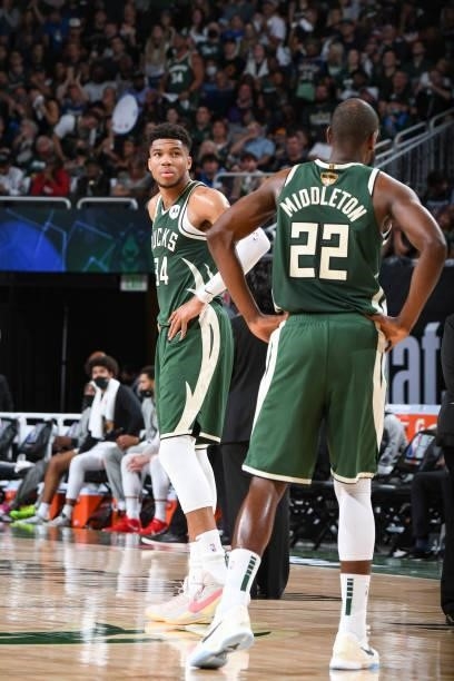 Giannis Antetokounmpo of the Milwaukee Bucks looks on during the game against the Phoenix Suns during Game Three of the 2021 NBA Finals on July 11,...