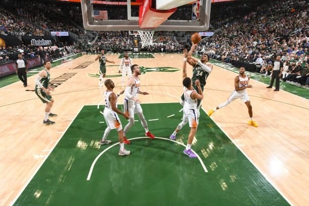 Giannis Antetokounmpo of the Milwaukee Bucks shoots the ball during the game against the Phoenix Suns during Game Three of the 2021 NBA Finals on...