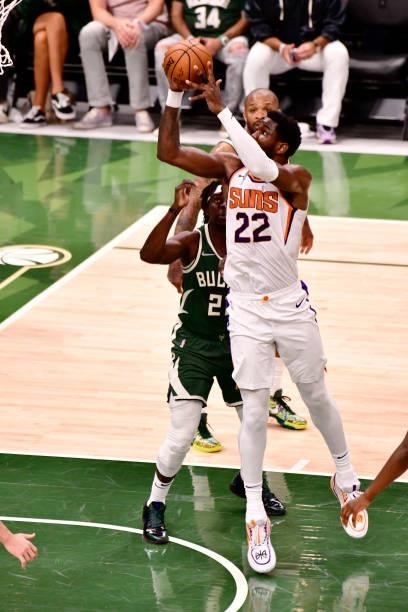 July 11: Deandre Ayton of the Phoenix Suns shoots the ball against the Milwaukee Bucks during Game Three of the 2021 NBA Finals on July 11, 2021 at...