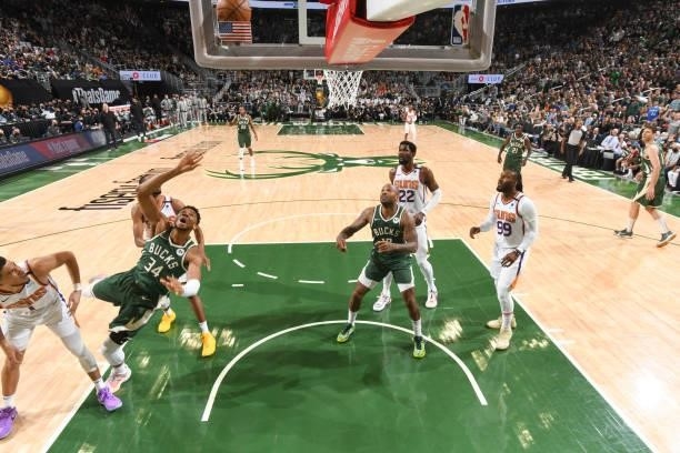 Giannis Antetokounmpo of the Milwaukee Bucks drives to the basket during the game against the Phoenix Suns during Game Three of the 2021 NBA Finals...