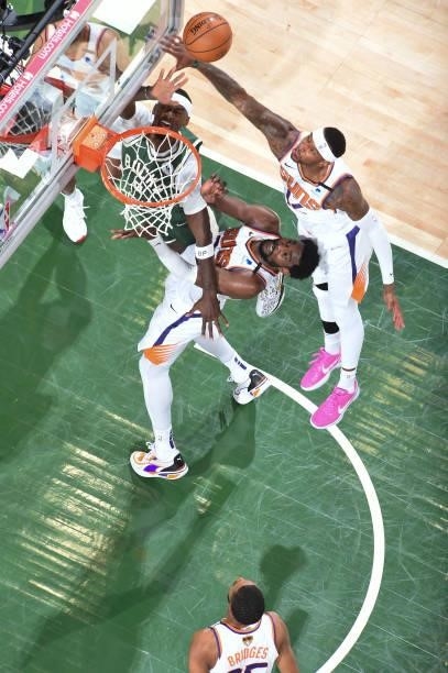 Bobby Portis of the Milwaukee Bucks drives to the basket during the game against the Phoenix Suns during Game Three of the 2021 NBA Finals on July...
