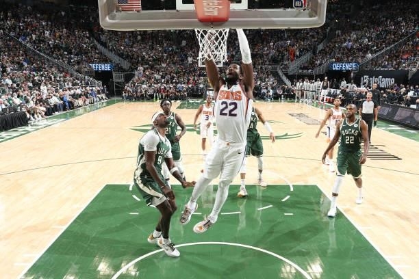 Deandre Ayton of the Phoenix Suns dunks the ball against the Milwaukee Bucks during Game Three of the 2021 NBA Finals on July 11, 2021 at the Fiserv...