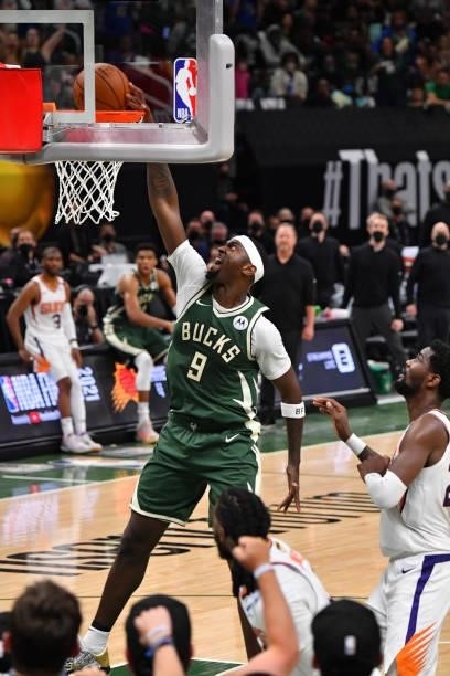 Bobby Portis of the Milwaukee Bucks dunks the ball against the Phoenix Suns during Game Three of the 2021 NBA Finals on July 11, 2021 at Fiserv Forum...