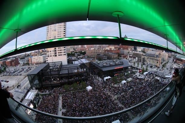 View of fans in the Deer District during Game Three of the 2021 NBA Finals between the Milwaukee Bucks and the Phoenix Suns on July 11, 2021 at the...