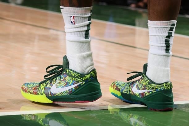 The sneakers of P.J. Tucker of the Milwaukee Bucks during Game Three of the 2021 NBA Finals on July 11, 2021 at the Fiserv Forum Center in Milwaukee,...