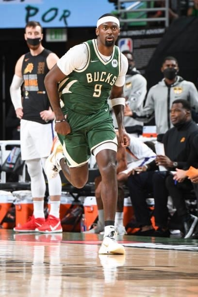Bobby Portis of the Milwaukee Bucks runs down the court during the game against the Phoenix Suns during Game Three of the 2021 NBA Finals on July 11,...
