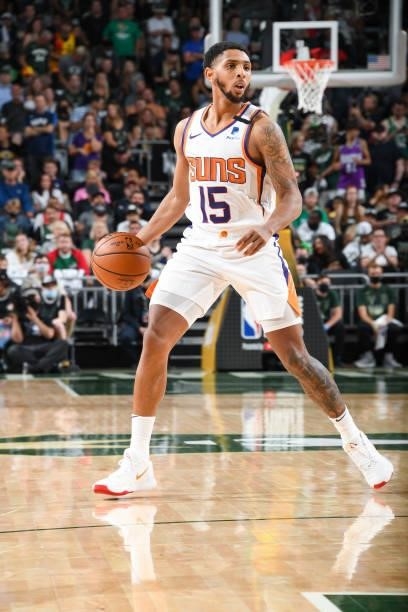 Cameron Payne of the Phoenix Suns handles the ball during the game against the Milwaukee Bucks during Game Three of the 2021 NBA Finals on July 11,...