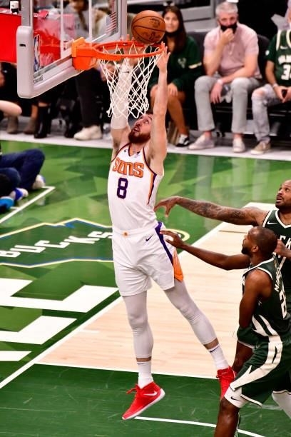 July 11: Frank Kaminsky of the Phoenix Suns dunks the ball against the Milwaukee Bucks during Game Three of the 2021 NBA Finals on July 11, 2021 at...