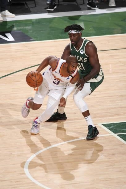 Chris Paul of the Phoenix Suns drives to the basket during the game against the Milwaukee Bucks during Game Three of the 2021 NBA Finals on July 11,...