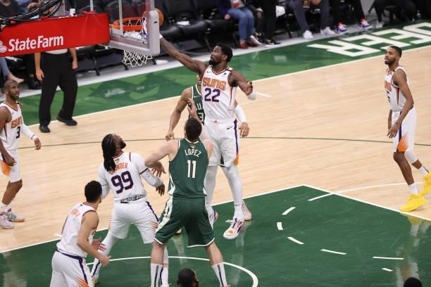 Deandre Ayton of the Phoenix Suns shoots the ball during the game against the Milwaukee Bucks during Game Three of the 2021 NBA Finals on July 11,...
