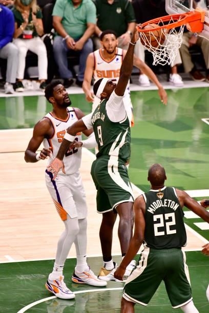 July 11: Bobby Portis of the Milwaukee Bucks dunks the ball against the Phoenix Suns during Game Three of the 2021 NBA Finals on July 11, 2021 at the...