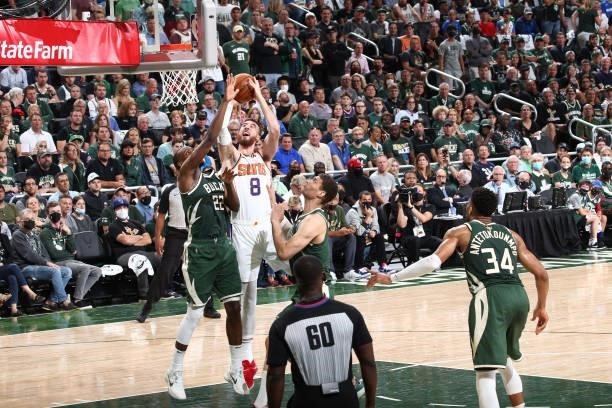 Frank Kaminsky of the Phoenix Suns shoots the ball against the Milwaukee Bucks during Game Three of the 2021 NBA Finals on July 11, 2021 at the...