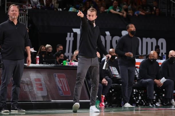 Assistant Coach Patrick St. Andrews of the Milwaukee Bucks looks on during Game Three of the 2021 NBA Finals on July 11, 2021 at the Fiserv Forum...