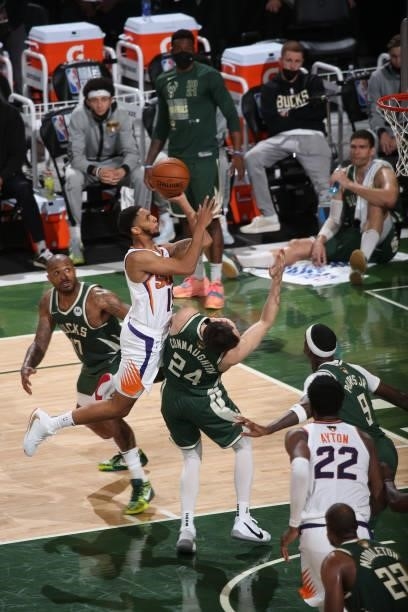 Cameron Payne of the Phoenix Suns shoots the ball during the game against the Milwaukee Bucks during Game Three of the 2021 NBA Finals on July 11,...