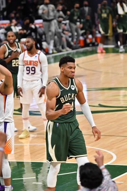Giannis Antetokounmpo of the Milwaukee Bucks reacts during Game Three of the 2021 NBA Finals on July 11, 2021 at Fiserv Forum in Milwaukee,...