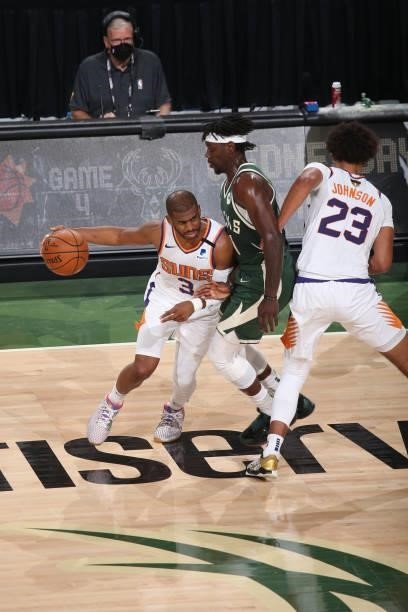 Chris Paul of the Phoenix Suns drives to the basket during the game against the Milwaukee Bucks during Game Three of the 2021 NBA Finals on July 11,...