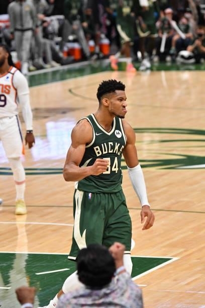 Giannis Antetokounmpo of the Milwaukee Bucks reacts during Game Three of the 2021 NBA Finals on July 11, 2021 at Fiserv Forum in Milwaukee,...
