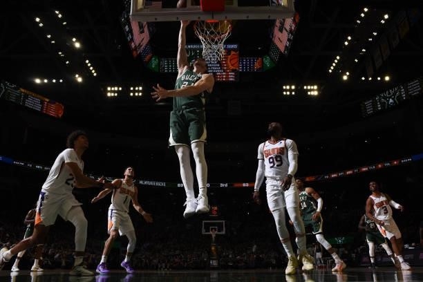 July 11: Pat Connaughton of the Milwaukee Bucks drives to the basket against the Phoenix Suns during Game Three of the 2021 NBA Finals on July 11,...