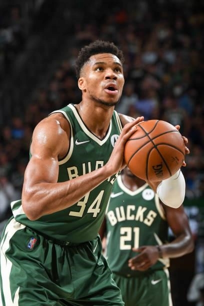 Giannis Antetokounmpo of the Milwaukee Bucks shoots a free throw during the game against the Phoenix Suns during Game Three of the 2021 NBA Finals on...