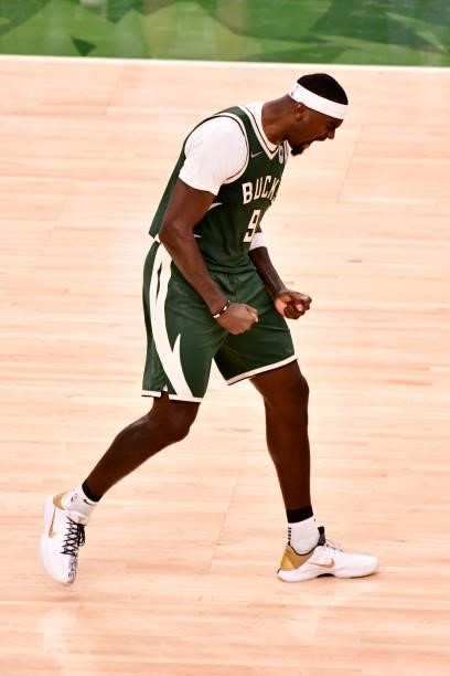 July 11: Bobby Portis of the Milwaukee Bucks celebrates during Game Three of the 2021 NBA Finals on July 11, 2021 at the Fiserv Forum Center in...