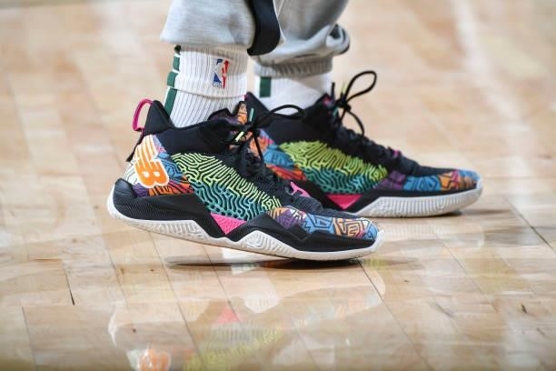 The sneakers worn by Elijah Bryant of the Milwaukee Bucks during the game against the Phoenix Suns during Game Three of the 2021 NBA Finals on July...