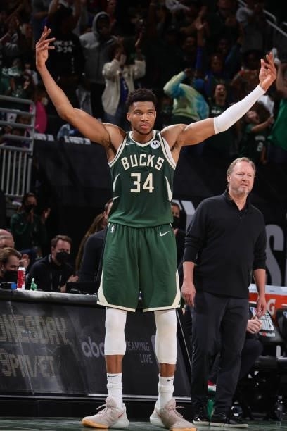 Giannis Antetokounmpo of the Milwaukee Bucks celebrates during Game Three of the 2021 NBA Finals on July 11, 2021 at the Fiserv Forum Center in...