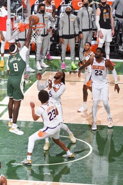 Bobby Portis of the Milwaukee Bucks dunks the ball during the game against the Phoenix Suns during Game Three of the 2021 NBA Finals on July 11, 2021...