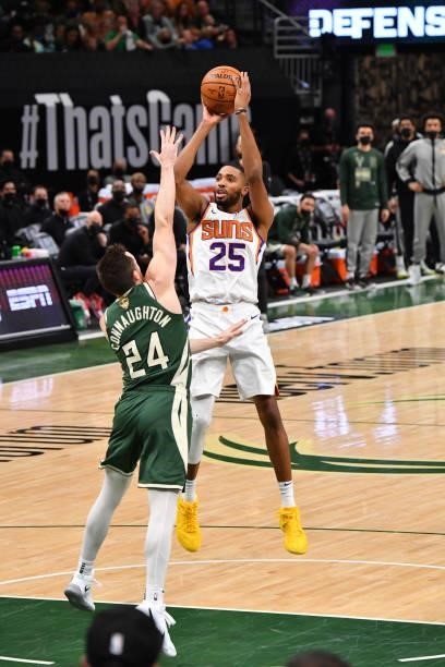 Mikal Bridges of the Phoenix Suns shoots the ball against the Milwaukee Bucks during Game Three of the 2021 NBA Finals on July 11, 2021 at Fiserv...