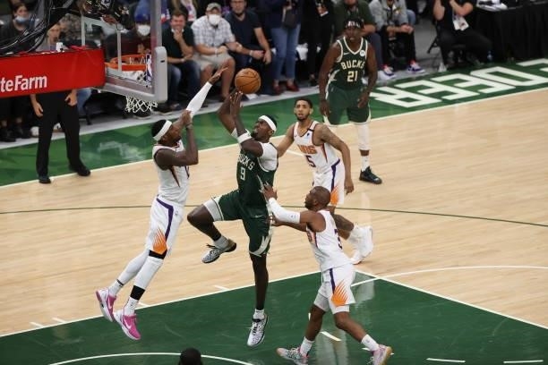 Bobby Portis of the Milwaukee Bucks shoots the ball during the game against the Phoenix Suns during Game Three of the 2021 NBA Finals on July 11,...