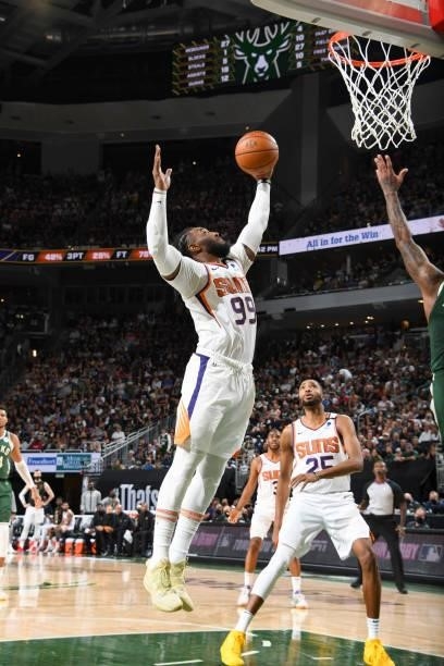 Jae Crowder of the Phoenix Suns rebounds the ball during the game against the Milwaukee Bucks during Game Three of the 2021 NBA Finals on July 11,...