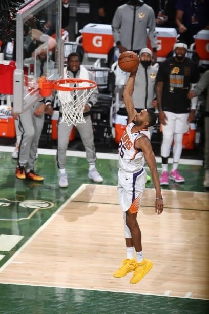 Mikal Bridges of the Phoenix Suns dunks the ball during the game against the Milwaukee Bucks during Game Three of the 2021 NBA Finals on July 11,...