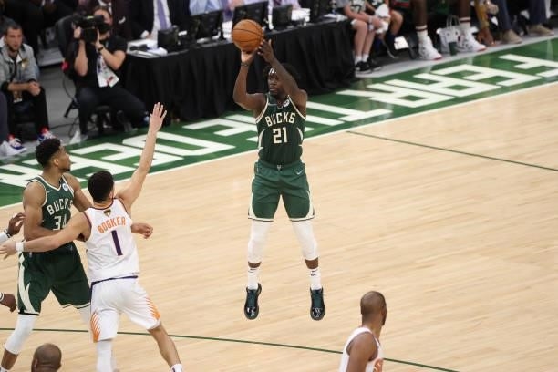 Jrue Holiday of the Milwaukee Bucks shoots the ball during the game against the Phoenix Suns during Game Three of the 2021 NBA Finals on July 11,...