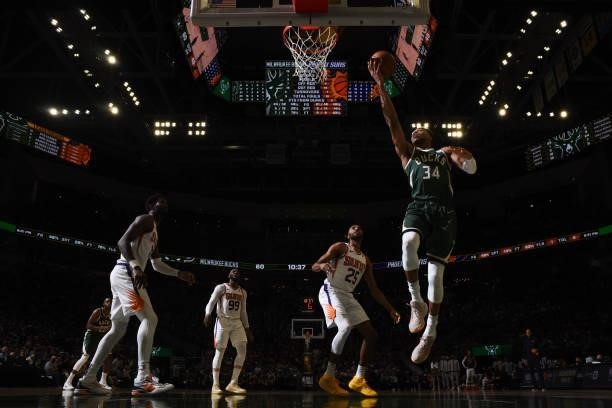 July 11: Giannis Antetokounmpo of the Milwaukee Bucks drives to the basket against the Phoenix Suns during Game Three of the 2021 NBA Finals on July...